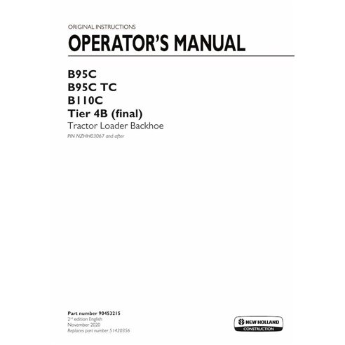 Manual do operador em pdf da retroescavadeira New Holland B95C, B95C TC, B110C Tier 4B - New Holland Construção manuais - NH-...
