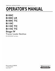 Manuel de l'opérateur pdf pour les chargeuses-pelleteuses New Holland B100C, B110C TC, B115C Stage IV - New Holland Construct...