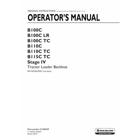 Manual del operador en pdf de la retroexcavadora New Holland B100C, B110C TC, B115C Stage IV - New Holland Construcción manua...