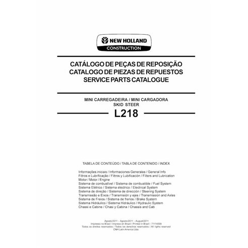NH-71114399-PC Catálogo de peças em pdf da minicarregadeira New Holland L218