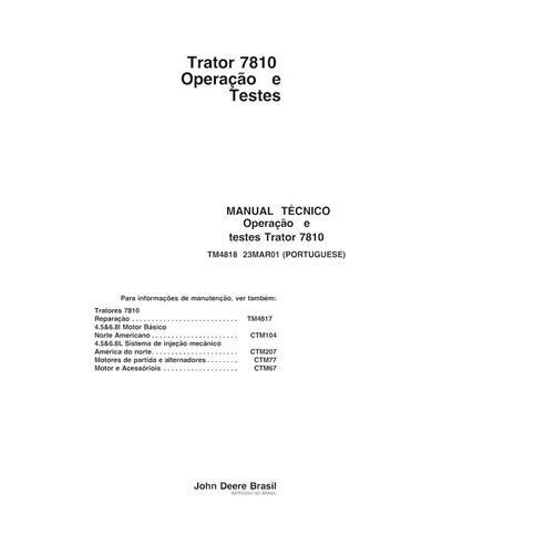Manuel technique de fonctionnement et d'essai du tracteur John Deere 7810 pdf PT - John Deere manuels - JD-TM4818-PT