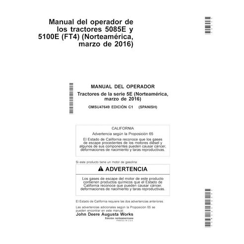 Manual do operador em pdf do trator John Deere 5085E, 5100E FT4 ES - John Deere manuais - JD-OMSU47649-ES