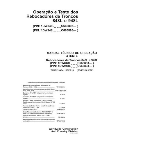 Cargador compacto John Deere 848L, 948L pdf manual técnico de operación y prueba PT - John Deere manuales - JD-TM13139x54-PT