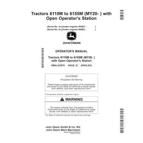 JD-OMAL232870 John Deere 6110M, 6120M, 6125M, 6130M, 6135M, 6145M, 6155M, 6140M MY20- tractor operator's manual (OMAL232870)