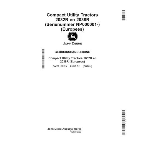 Manual do operador em pdf do trator compacto John Deere 2032R, 2038R NL - John Deere manuais - JD-OMTR123179-NL