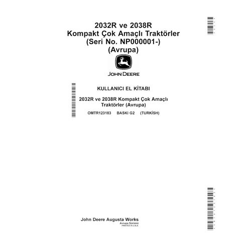Manual do operador em pdf do trator compacto John Deere 2032R, 2038R TR - John Deere manuais - JD-OMTR123183-TR