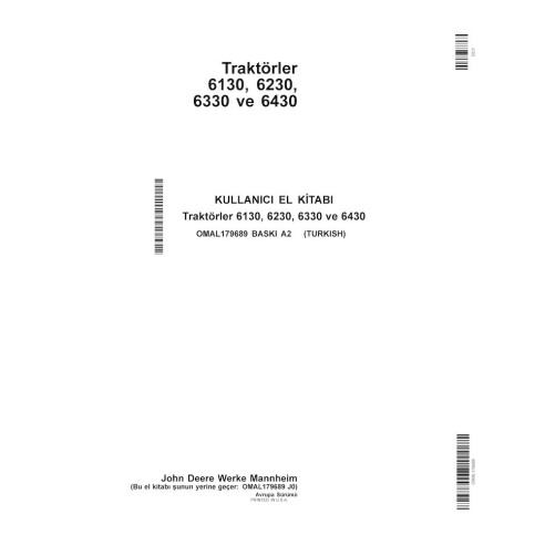 Manual do operador em pdf do trator John Deere 6130, 6230, 6330, 6430 TR - John Deere manuais - JD-OMAL179689-TR