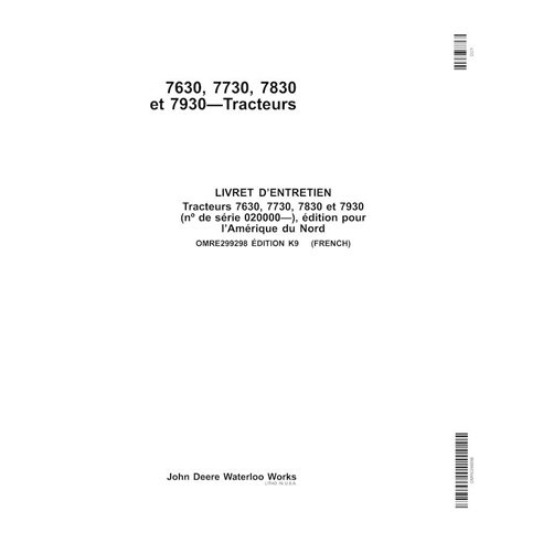 John Deere 7630, 7730, 7830, 7930 NA SN 035000- trator pdf manual do operador FR - John Deere manuais - JD-OMRE299298-FR