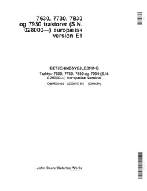 John Deere 7630, 7730, 7830, 7930 EU SN 028000- tractor pdf operator's manual DA - John Deere manuals - JD-OMRE314021-DA