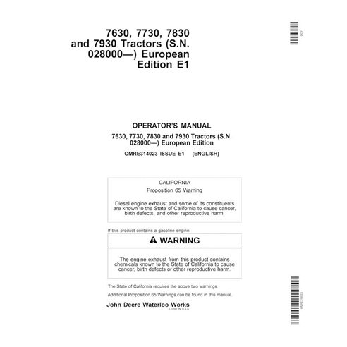 John Deere 7630, 7730, 7830, 7930 EU SN 028000- manual do operador em pdf do trator - John Deere manuais - JD-OMRE314023-EN