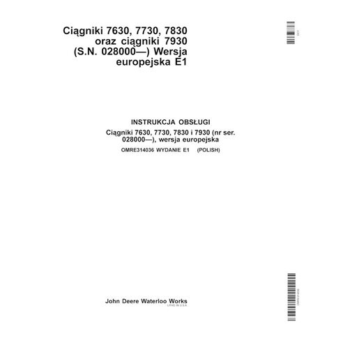 John Deere 7630, 7730, 7830, 7930 EU SN 028000- trator pdf manual do operador PL - John Deere manuais - JD-OMRE314036-PL