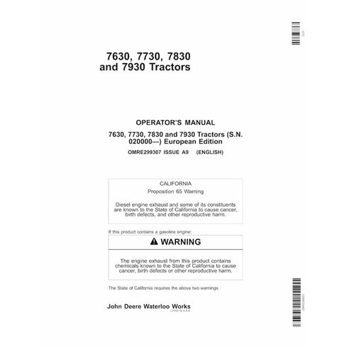 John Deere 7630, 7730, 7830, 7930 EU SN 20000-27999 manual del operador del tractor pdf - John Deere manuales - JD-OMRE299307-EN