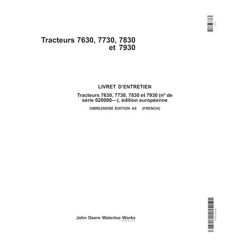 John Deere 7630, 7730, 7830, 7930 EU SN 20000-27999 tractor pdf operator's manual FR - John Deere manuals - JD-OMRE299308-FR