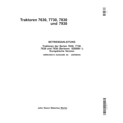 Manuel de l'opérateur pour tracteur John Deere 7630, 7730, 7830, 7930 EU SN 20000-27999 pdf DE - John Deere manuels - JD-OMRE...
