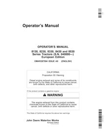 John Deere 8130, 8230, 8330, 8430, 8530 EU SN 40000 - manuel de l'opérateur pdf du tracteur - John Deere manuels - JD-OMAR287...