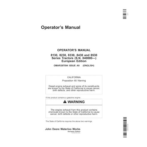 John Deere 8130, 8230, 8330, 8430, 8530 EU SN 40000- manual do operador em pdf do trator - John Deere manuais - JD-OMAR287594-EN