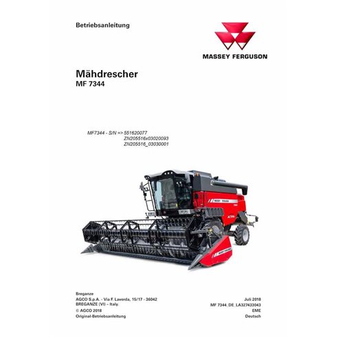 Massey Ferguson 7344 cosechadora pdf manual del operador DE - Massey Ferguson manuales - MF-327433043-OM-DE