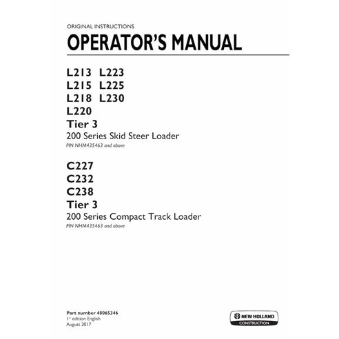 Manual do operador em pdf da minicarregadeira New Holland L213, L223, L215, L225, L218, L230, L220, C227, C232, C238 Tier 3 -...