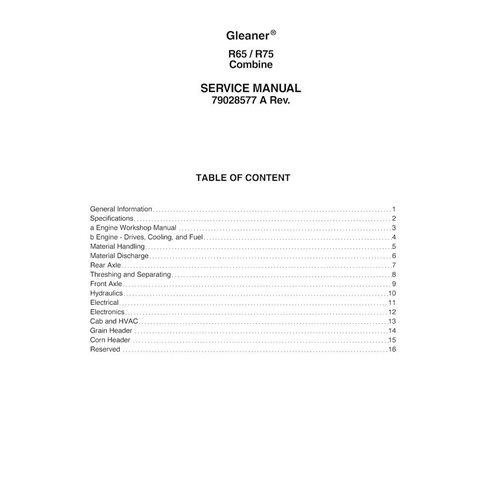 Gleaner R65, R75 combinam manual de serviço em pdf - Gleaner manuais - GLN-79028577A-SM-EN