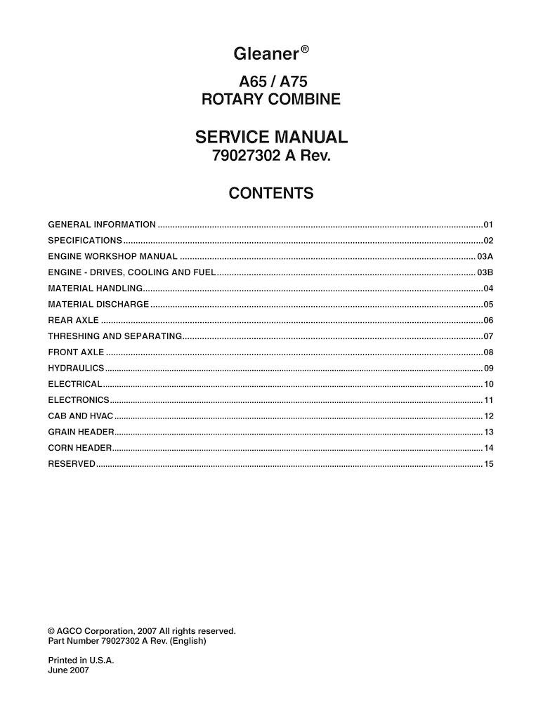 Gleaner A65, A75 combine pdf service manual