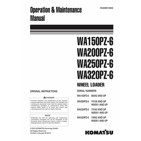 Manuel d'utilisation et d'entretien pdf des chargeuses sur pneus Komatsu WA150PZ-6, WA200PZ-6, WA250PZ-6, WA320PZ-6 - Komatsu...