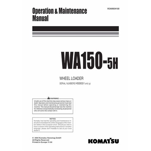 Manual de operação e manutenção em pdf da carregadeira de rodas Komatsu WA150-5H - Komatsu manuais - KOMATSU-VEAM934100