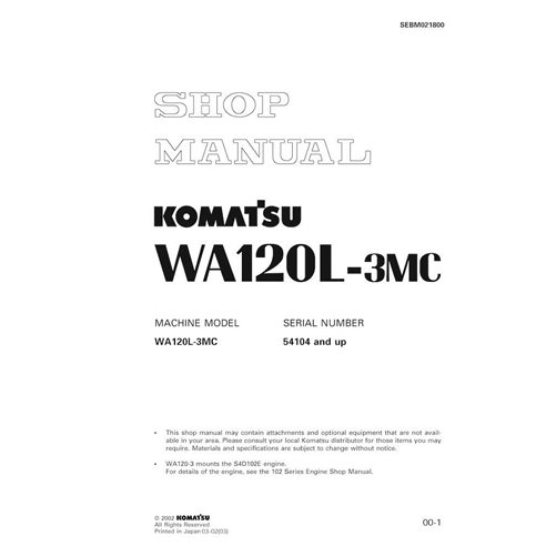 Manuel d'atelier pdf de la chargeuse sur pneus Komatsu WA120L-3MC - Komatsu manuels - KOMATSU-SEBM021800
