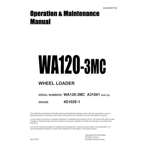 Manuel d'utilisation et d'entretien pdf de la chargeuse sur pneus Komatsu WA120L-3MC - Komatsu manuels - KOMATSU-CEAM007702