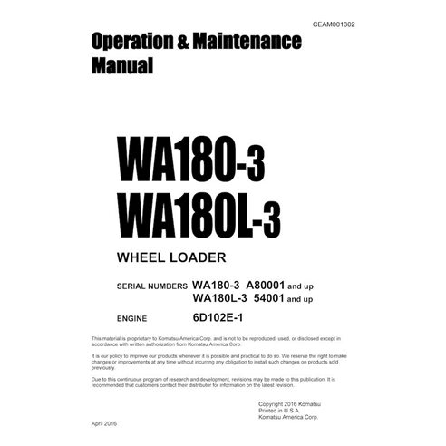 Manuel d'utilisation et d'entretien pdf des chargeuses sur pneus Komatsu WA180-3, WA180L-3 - Komatsu manuels - KOMATSU-CEAM00...