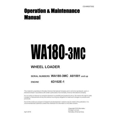 Manuel d'utilisation et d'entretien pdf de la chargeuse sur pneus Komatsu WA180-3MC - Komatsu manuels - KOMATSU-CEAM007502