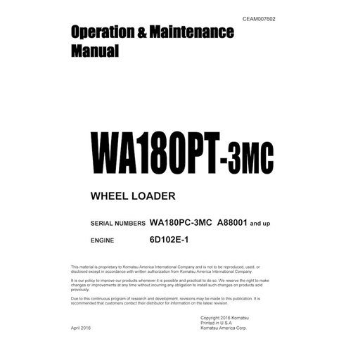Manual de operação e manutenção em pdf da carregadeira de rodas Komatsu WA180PT-3MC - Komatsu manuais - KOMATSU-CEAM007602