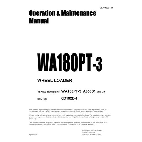 Manuel d'utilisation et d'entretien pdf de la chargeuse sur pneus Komatsu WA180PT-3 - Komatsu manuels - KOMATSU-CEAM002101