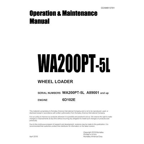 Manual de operação e manutenção em pdf da carregadeira de rodas Komatsu WA200PT-5L - Komatsu manuais - KOMATSU-CEAM013701