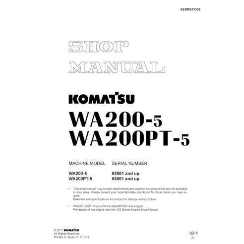 Manuel d'atelier pdf de la chargeuse sur pneus Komatsu WA200-5, WA200PT-5 - Komatsu manuels - KOMATSU-SEBM033309