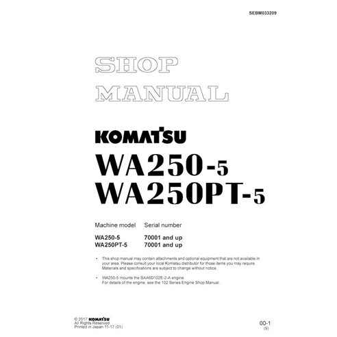 Manuel d'atelier pdf de la chargeuse sur pneus Komatsu WA250-5, WA250PT-5 - Komatsu manuels - KOMATSU-SEBM033209