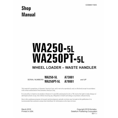 Manuel d'atelier pdf de la chargeuse sur pneus Komatsu WA250-5L, WA250PT-5L - Komatsu manuels - KOMATSU-CEBM011605
