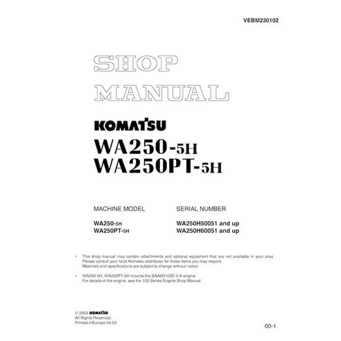 Komatsu WA250-5H, WA250PT-5H manual de taller del cargador de ruedas pdf - Komatsu manuales - KOMATSU-VEBM230102