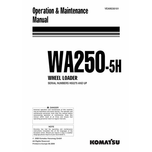 Cargadora de ruedas Komatsu WA250-5H pdf manual de operación y mantenimiento - Komatsu manuales - KOMATSU-VEAM230101