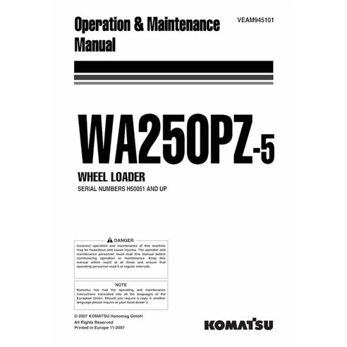 Manuel d'utilisation et d'entretien pdf de la chargeuse sur pneus Komatsu WA250PZ-5 - Komatsu manuels - KOMATSU-VEAM945101