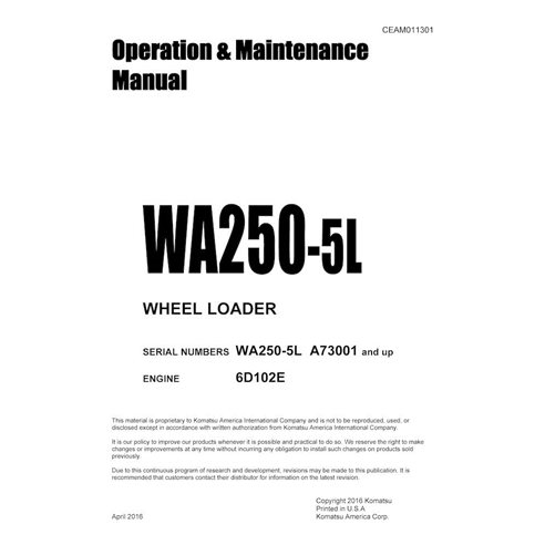 Manuel d'utilisation et d'entretien pdf de la chargeuse sur pneus Komatsu WA250-5L - Komatsu manuels - KOMATSU-CEAM011301