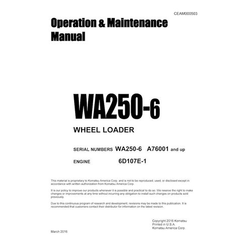 Manuel d'utilisation et d'entretien pdf de la chargeuse sur pneus Komatsu WA250-6 - Komatsu manuels - KOMATSU-CEAM000503