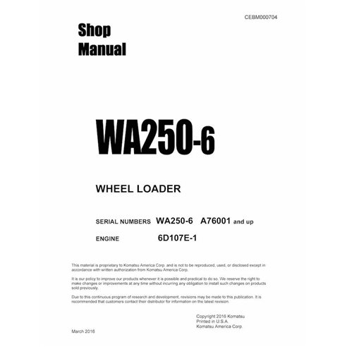 Manuel d'atelier pdf de la chargeuse sur pneus Komatsu WA250-6 - Komatsu manuels - KOMATSU-CEBM000704