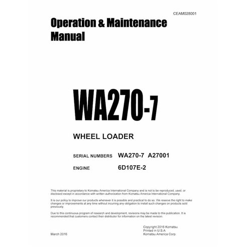 Manuel d'utilisation et d'entretien pdf de la chargeuse sur pneus Komatsu WA270-7 - Komatsu manuels - KOMATSU-CEAM028001