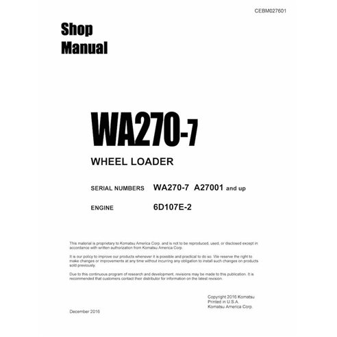 Manuel d'atelier pdf de la chargeuse sur pneus Komatsu WA270-7 - Komatsu manuels - KOMATSU-CEBM027601