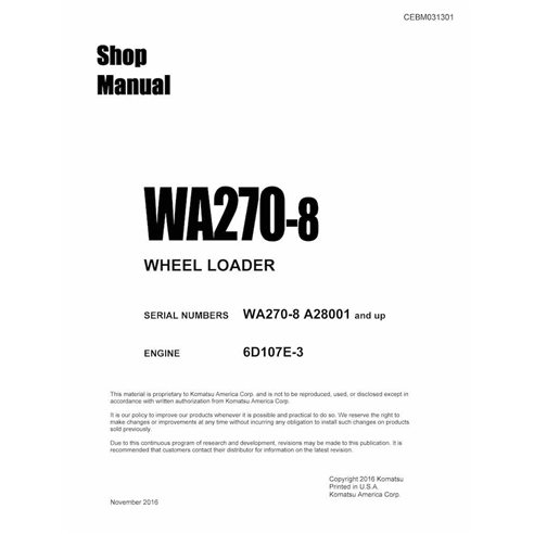 Manuel d'atelier pdf de la chargeuse sur pneus Komatsu WA270-8 - Komatsu manuels - KOMATSU-CEBM031301