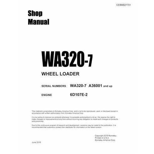 Manuel d'atelier pdf de la chargeuse sur pneus Komatsu WA320-7 - Komatsu manuels - KOMATSU-CEBM027701