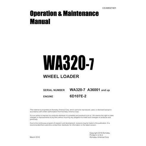 Manuel d'utilisation et d'entretien pdf de la chargeuse sur pneus Komatsu WA320-7 - Komatsu manuels - KOMATSU-CEAM027401