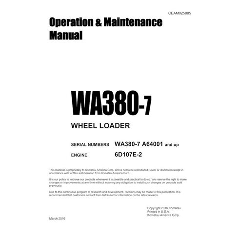 Manuel d'utilisation et d'entretien pdf de la chargeuse sur pneus Komatsu WA380-7 - Komatsu manuels - KOMATSU-CEAM025805