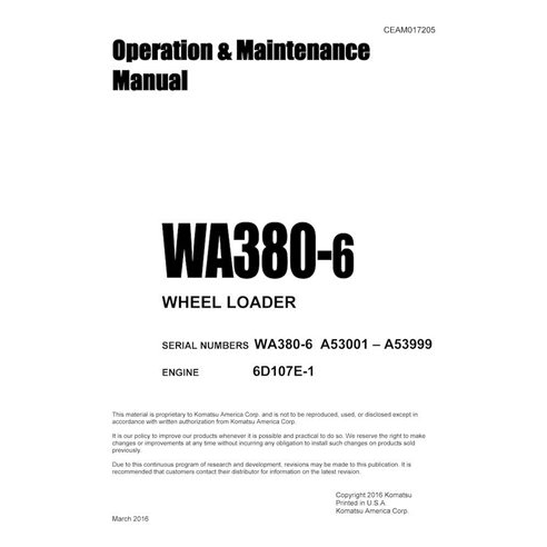 Manuel d'utilisation et d'entretien pdf de la chargeuse sur pneus Komatsu WA380-6 - Komatsu manuels - KOMATSU-CEAM017205