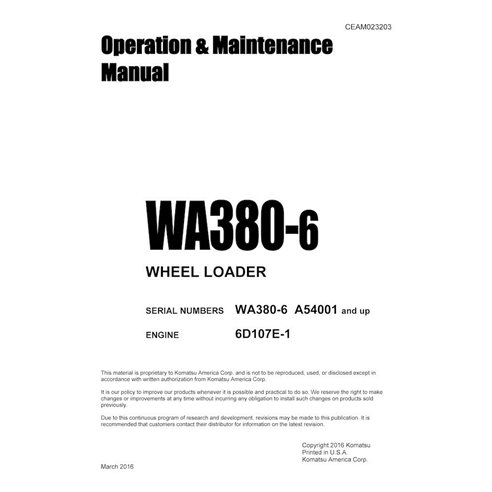 Manuel d'utilisation et d'entretien pdf de la chargeuse sur pneus Komatsu WA380-6 - Komatsu manuels - KOMATSU-CEAM023203